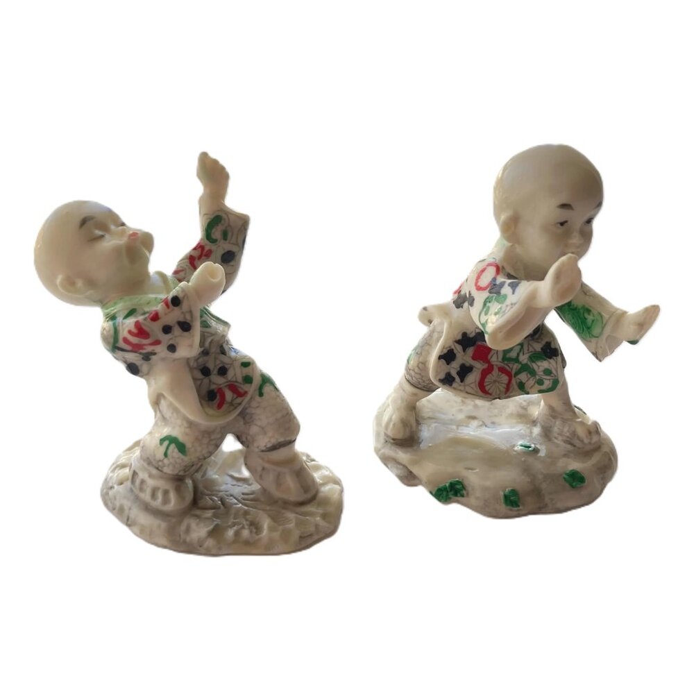 Shaolin Monk Kung Fu Boy Figurines Hand Painted Resin Martial Arts Set of 2